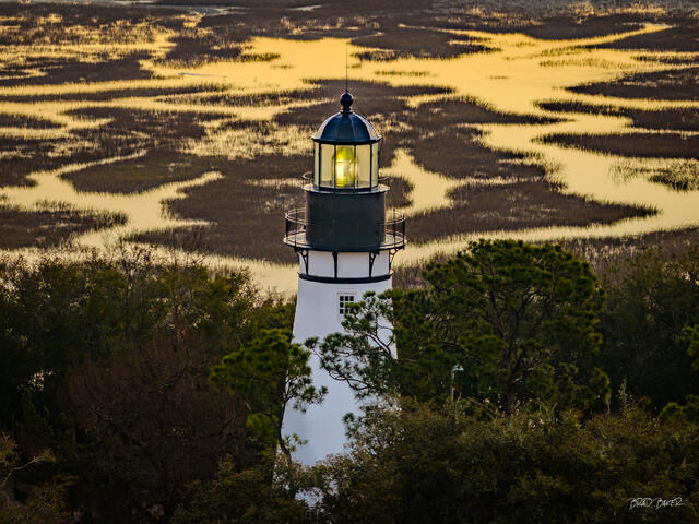 Amelia Island Lighthouse at Fernandina Beach Florida rising above pine trees with golden marsh reflections in the background at sunrise