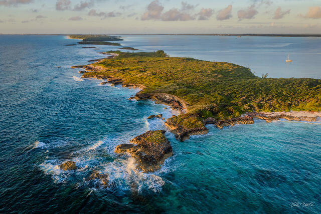 Aerial view of a rugged coral island tip with dense vegetation surrounded by crashing ocean waves in The Bahamas
