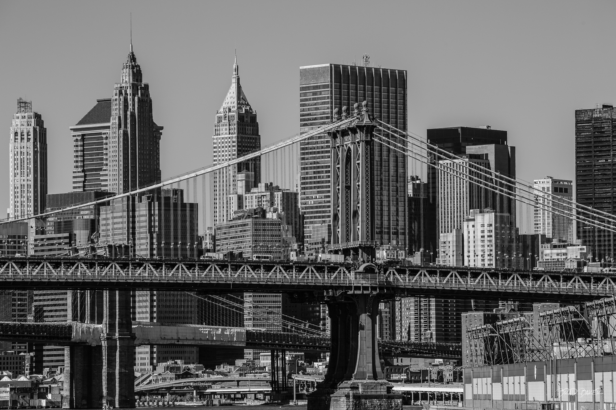 Downtown Black and white view of the Manhattan Bridge framed against the lower Manhattan skyline, New York City