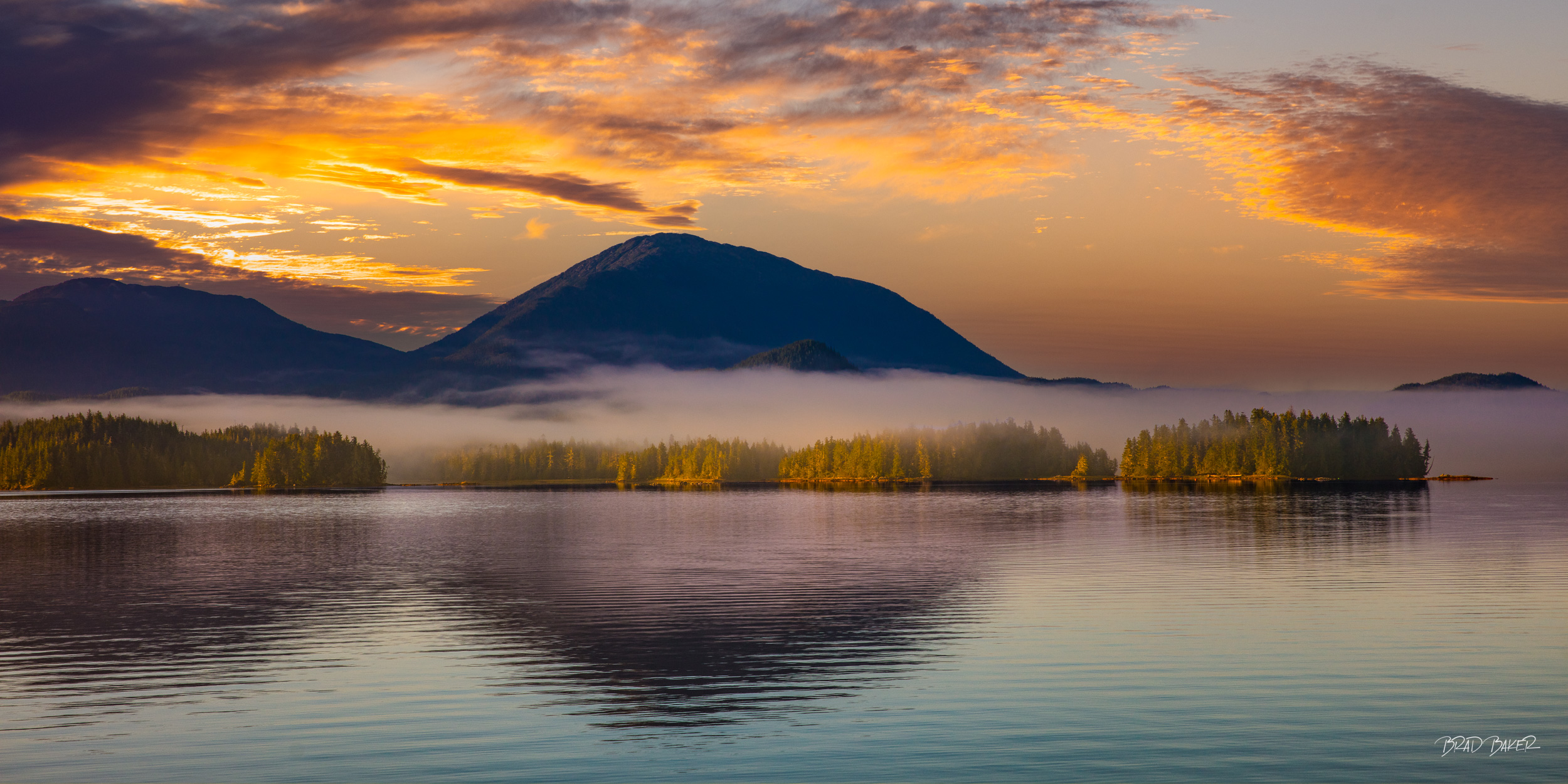 BAY OF DREAMS Panoramic sunrise over misty mountain bay, fog drifting through glowing conifers, vivid orange sky reflections