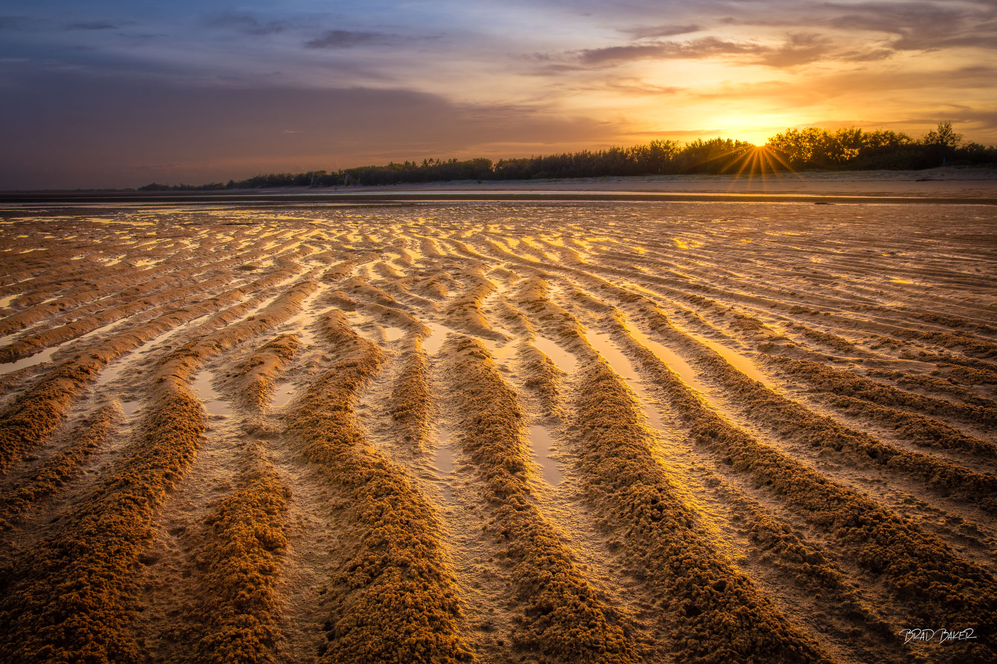 NATURES GEOMETRY Golden sunset over a rippled sandy beach with patterns of wet sand and reflective pools in Queensland Australia